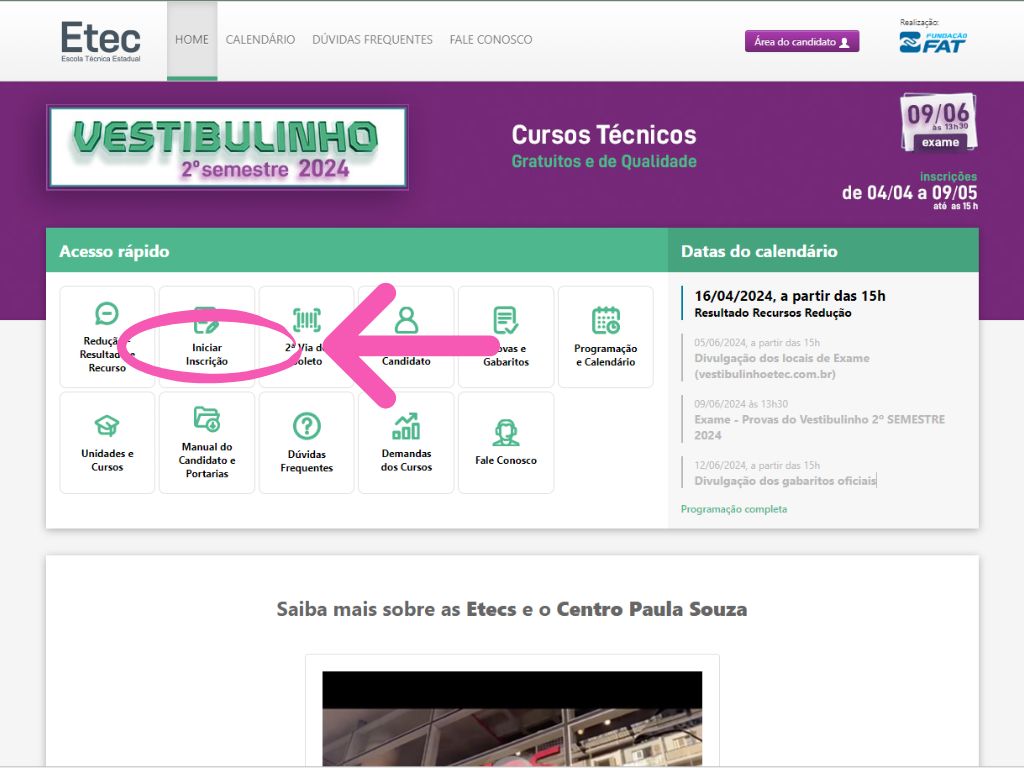 CP - Cursos Técnicos ETEC: Primeira imagem do tutorial de inscrição dos cursos