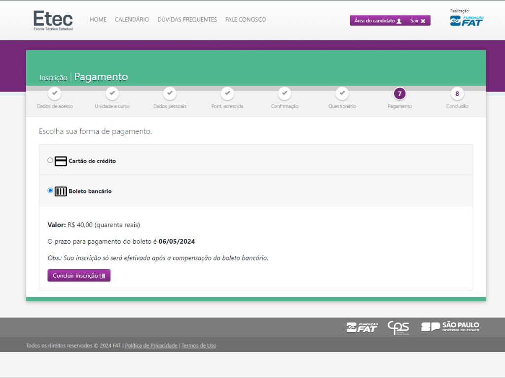 CP - Cursos Técnicos ETEC: Terceira imagem do tutorial de inscrição dos cursos