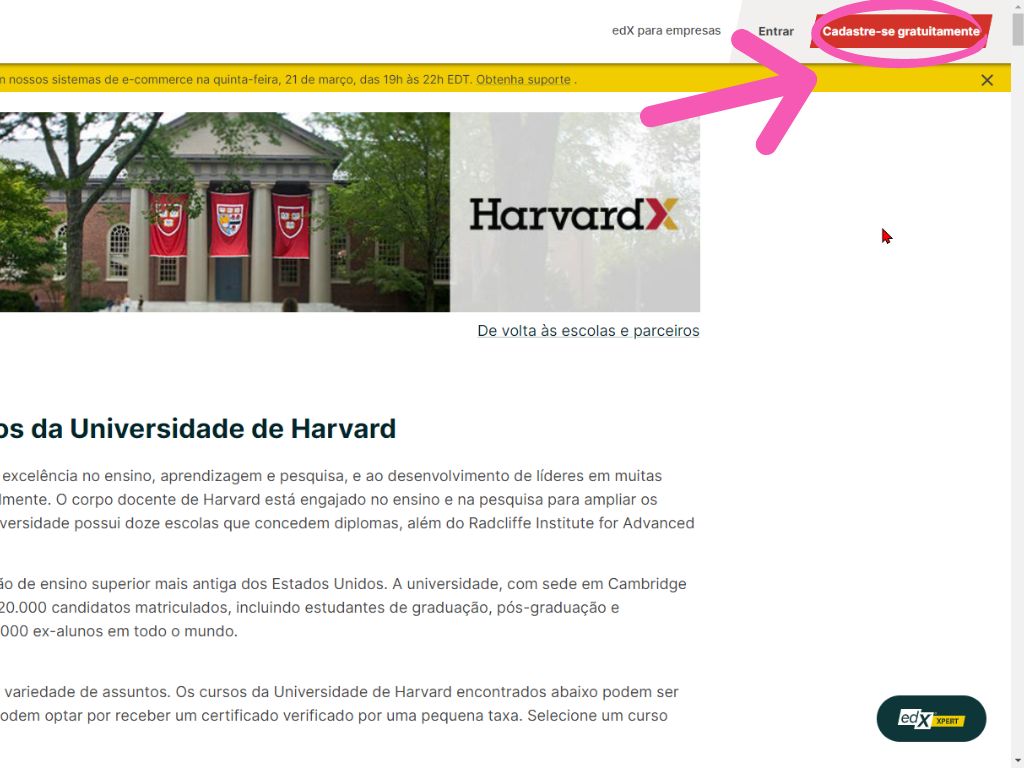 CP - Cursos Gratuitos Harvard: primeira imagem do tutorial de inscrição do curso