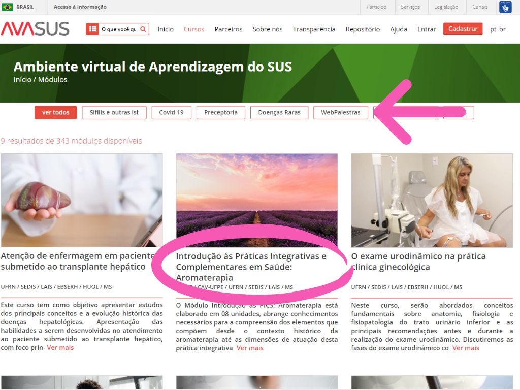 CP - Cursos Gratuitos Avasus: primeira imagem do tutorial de inscrição do curso