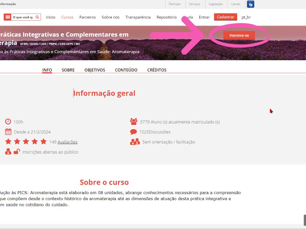 CP - Cursos Gratuitos Avasus: segunda imagem do tutorial de inscrição do curso